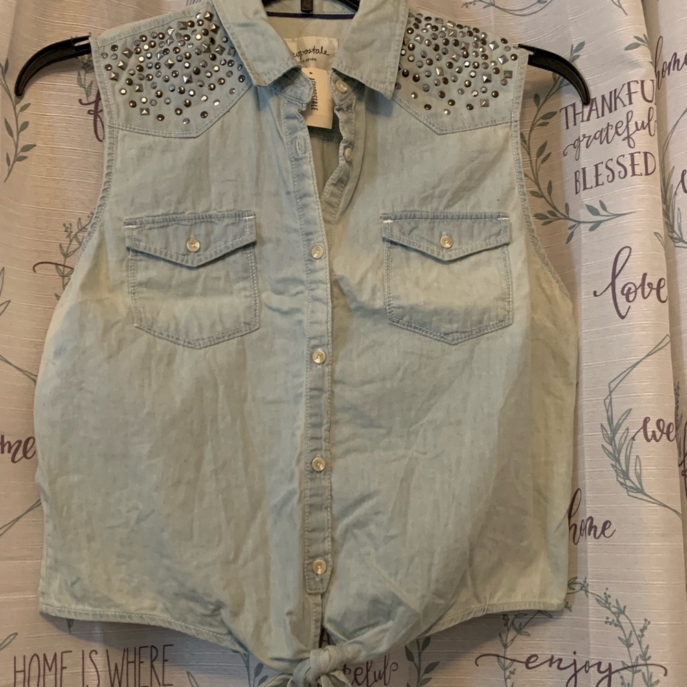 Aeropostale Light Blue Sleeveless Button Down Shirt with Studs